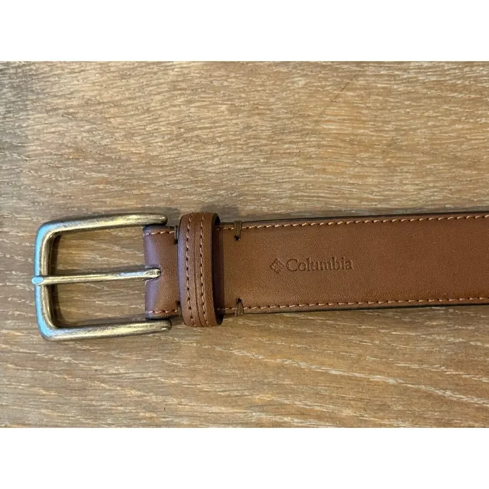 COLUMBIA Brown Leather Belt Silver Buckle fits 47-53